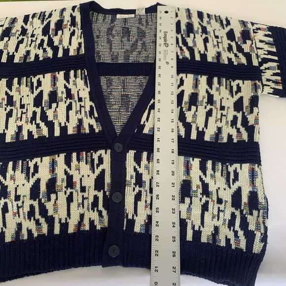 VTG Koman Sweater Cardigan Men XL Navy Blue Cream Abstract Button Grandpa Preppy - Picture 8 of 8